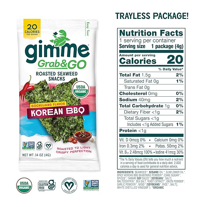 Gimme Seaweed Grab & Go Organic Premium Roasted Seaweed Snacks, Korean BBQ, 5 Count Trayless, Keto