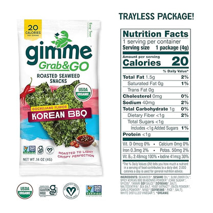 Gimme Seaweed Grab & Go Organic Premium Roasted Seaweed Snacks, Korean BBQ, 5 Count Trayless, Keto