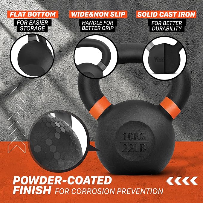 Yes4All Kettlebell, Heavy Duty Powder Coated Cast Iron Kettlebells, Non-Slip Handle & Flat Bottom