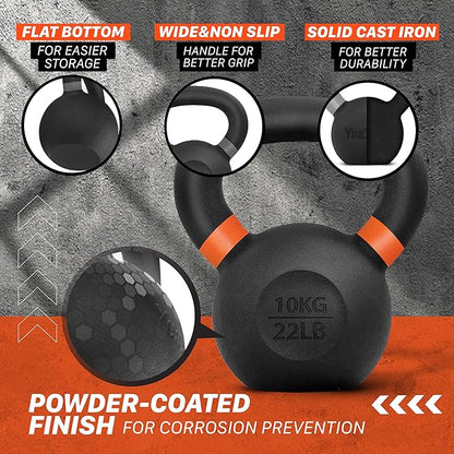 Yes4All Kettlebell, Heavy Duty Powder Coated Cast Iron Kettlebells, Non-Slip Handle & Flat Bottom