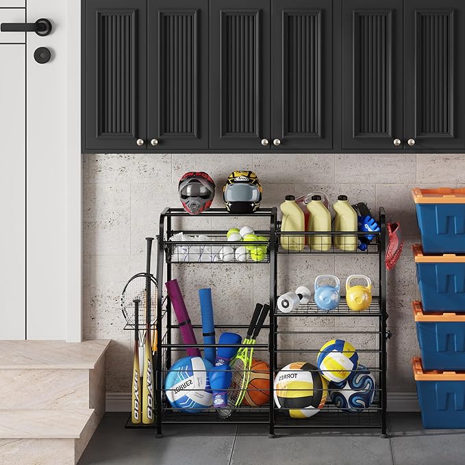 Garage Sports Equipment Organizer - Ball Storage Rack with Elastic Rope or Wire Mesh,Garage