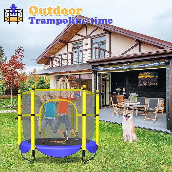 60" Trampoline for Kids, 5 FT Indoor & Outdoor Toddler Baby Trampoline with Basketball Hoop, Safety
