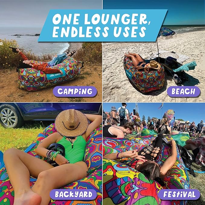 Chillbo Shwaggins Inflatable Couch – No-Pump Setup, Ripstop Polyester, Stability Pegs, Fun Prints