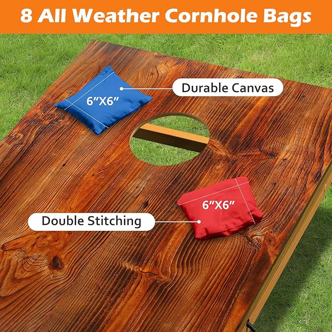 Solid Wood Premium Cornhole Game Set, Bean Bag Toss Game for Tailgate, Outdoor, Backyard