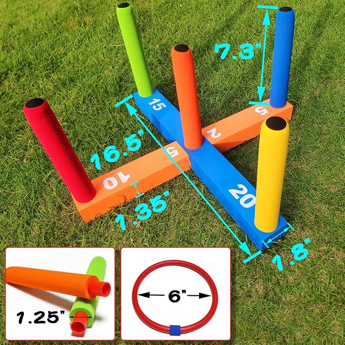 Ring Toss Game for Kids, Indoor & Outdoor Game for Family and Adults with 5 Poles, 2 Bases and 16
