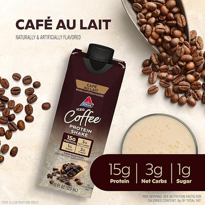 Atkins Café au Lait Iced Coffee Flavored Protein Shake, High Protein Shake, Low Sugar, Low Carb and