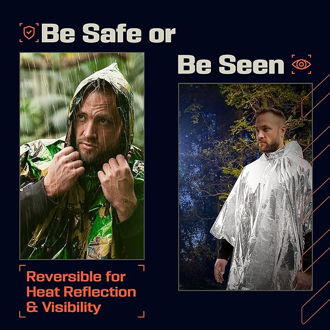 PREPARED4X Emergency Poncho and Mylar Blanket Liner - Waterproof, Wind-Resistant Outdoor Rain