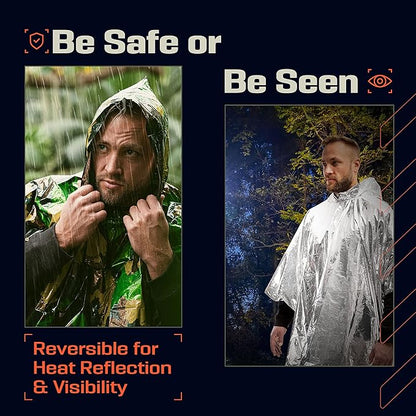 PREPARED4X Emergency Poncho and Mylar Blanket Liner - Waterproof, Wind-Resistant Outdoor Rain