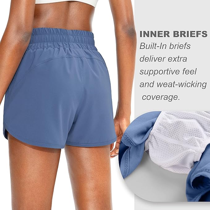 SANTINY Women's Running Shorts with Zip Pockets High Waisted Athletic Workout Gym Shorts for Women