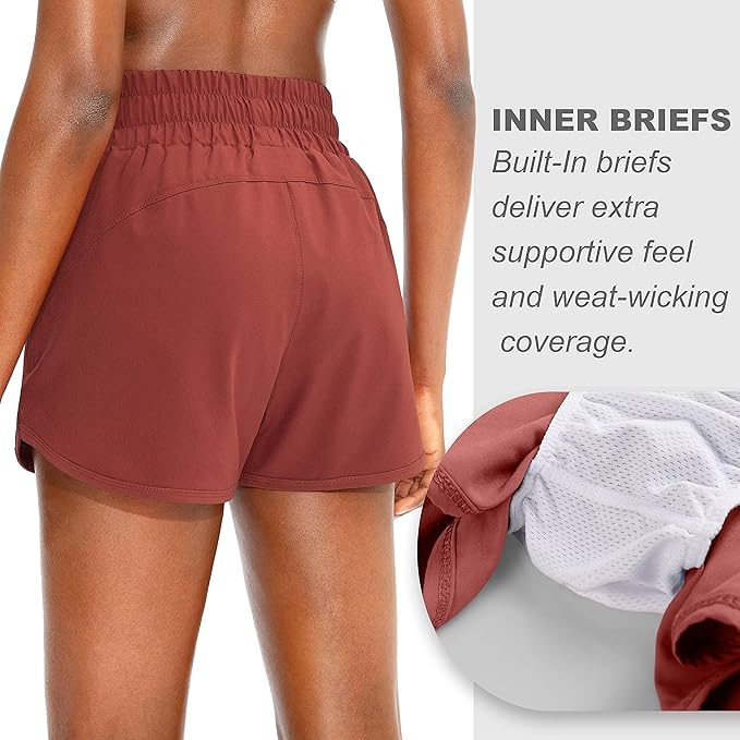 SANTINY Women's Running Shorts with Zip Pockets High Waisted Athletic Workout Gym Shorts for Women