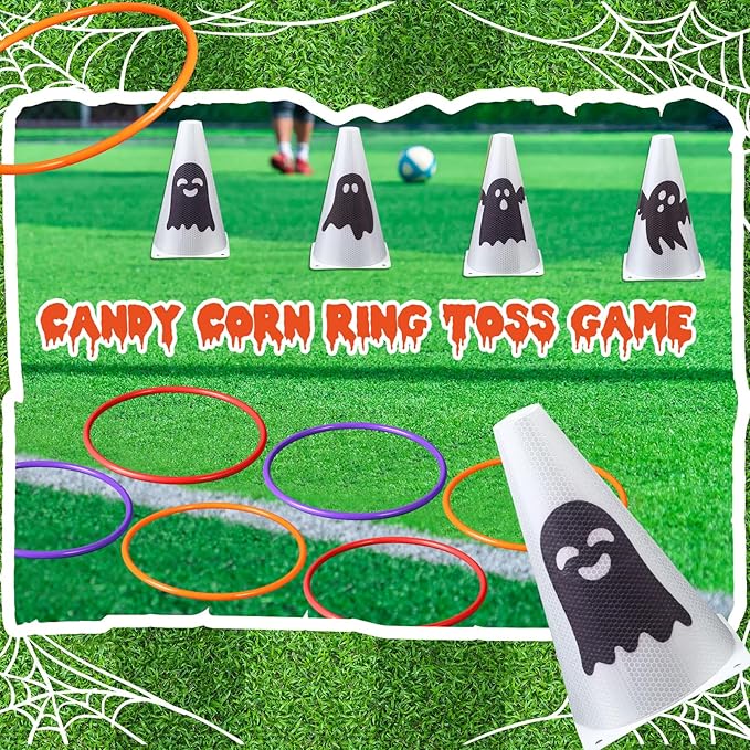 Leitee 6 Sets Candy Corn Ring Toss Game Plastic Cones Ring Toss Combo Set Mini Traffic Cones Toss
