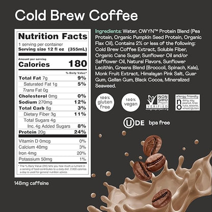 OWYN Only What You Need Vegan Plant-Based Protein Shake, Cold Brew Coffee, 12 Pack, with 20g Plant