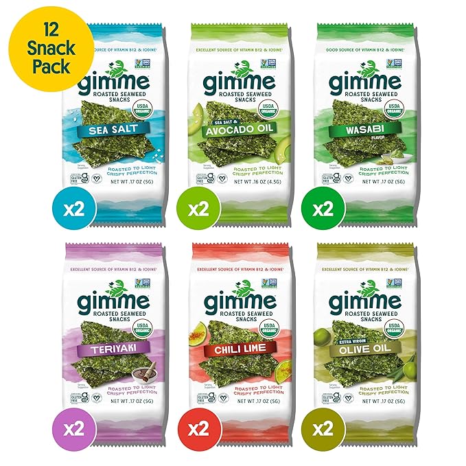 Gimme Seaweed Organic Premium Roasted Seaweed Snacks, New 6 Flavor Variety Pack, 12 Count (2 Each)