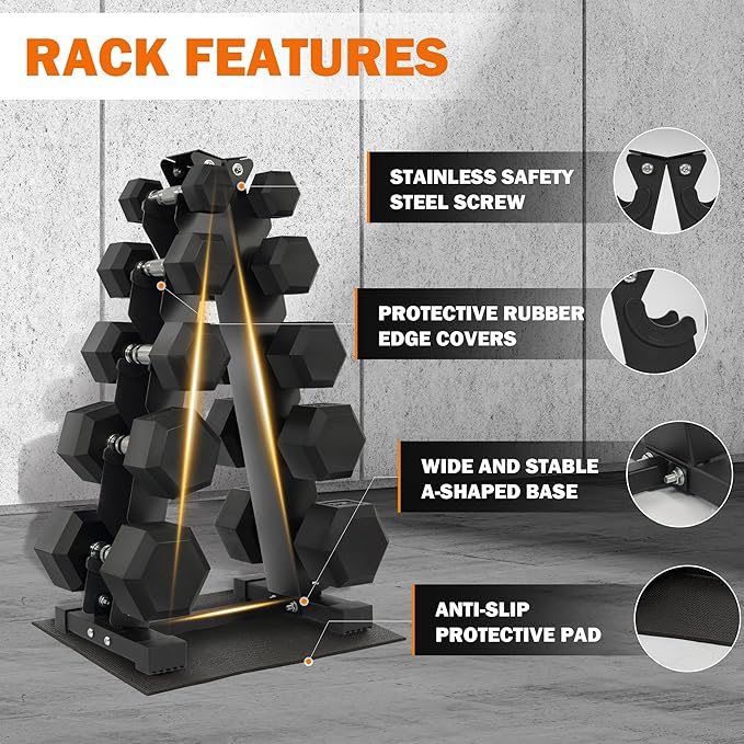 Rubber Coated Hex Dumbbell Weight Sets and Storage Rack, 100LB Set or 150LB Set, 5-20 lbs Pairs or