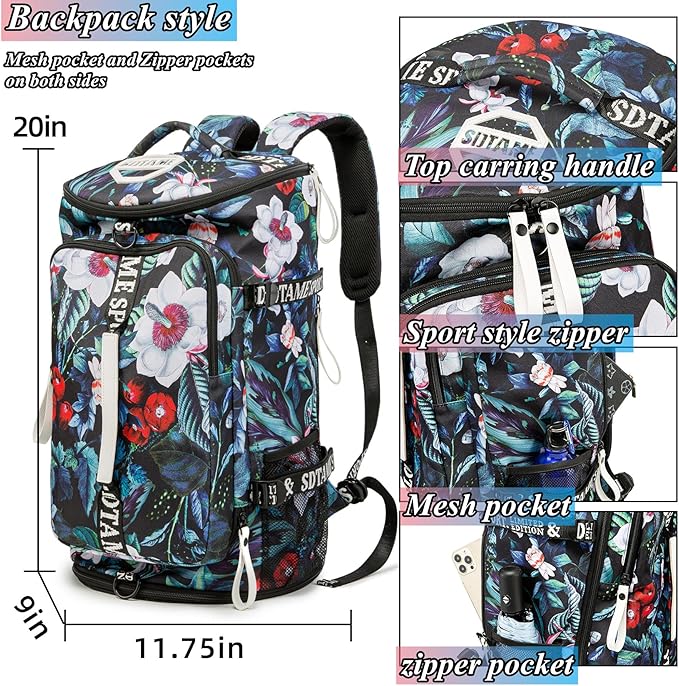 Gym Duffle Bag Backpack with Shoe Compartment,4 ways Travel Backpack for Women and