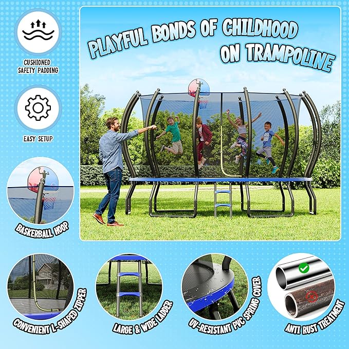 8FT 10FT 12FT 14FT 16FT Trampoline with Pop-up Quick Connector and Basketball Hoop, Trampoline