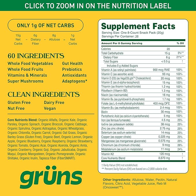 Gruns Adult Sugar-Free Super Greens Gummies, Superfood Gummy Bears with Spirulina, Chlorella, Fiber