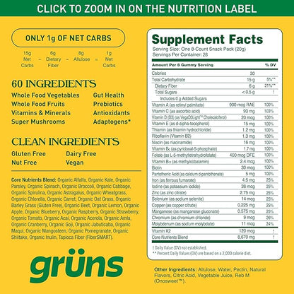 Gruns Adult Sugar-Free Super Greens Gummies, Superfood Gummy Bears with Spirulina, Chlorella, Fiber