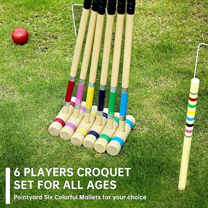 Pointyard 28" Croquet Set for 6 Players - Premium Wooden Mallets, Colored Balls & Carry Bag - Fun