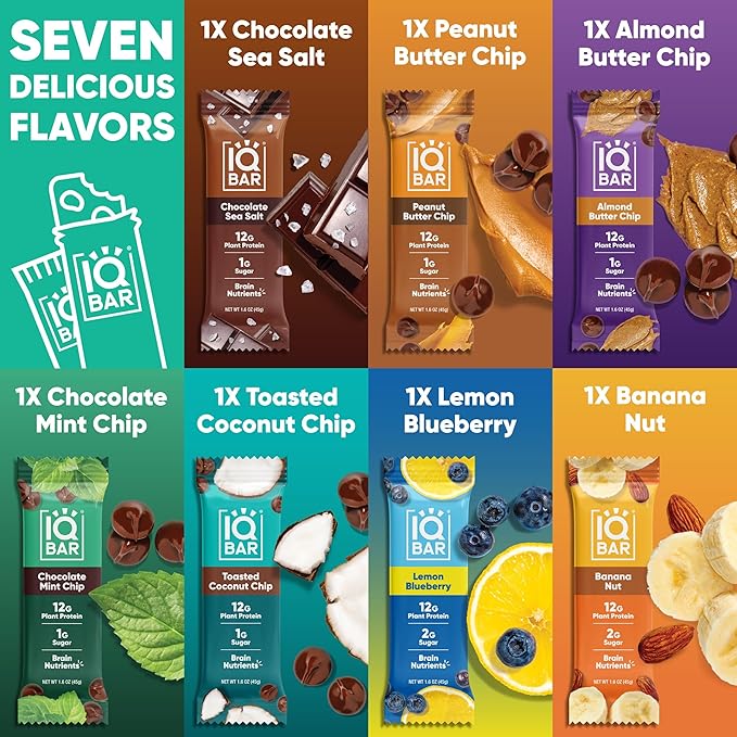 IQBAR Brain and Body Plant Protein Bars - 7 Bar Sampler Pack - Gluten Free, High Fiber, Vegan