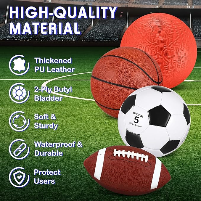 Lenwen 4 Pcs Sports Balls Set, Include Official Size Basketball Soccer Football Playground Ball