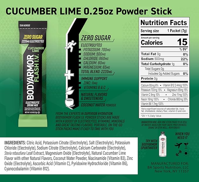 BODYARMOR Flash IV Electrolyte Packets, Cucumber Lime - Zero Sugar Drink Mix, Single Serve Packs