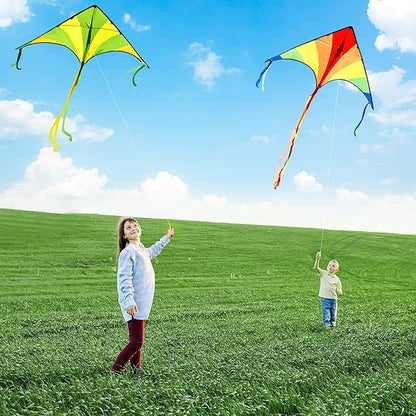 JOYIN 3 Packs Large Delta Kite Green, Blue and Rainbow, Easy to Fly for Kids with 262.5 ft String