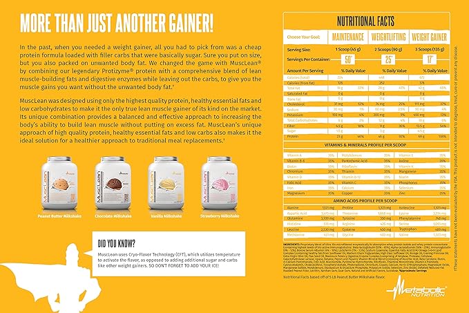 Metabolic Nutrition - Musclean - Milkshake, Whey High Protein Meal Replacement, Maintenance