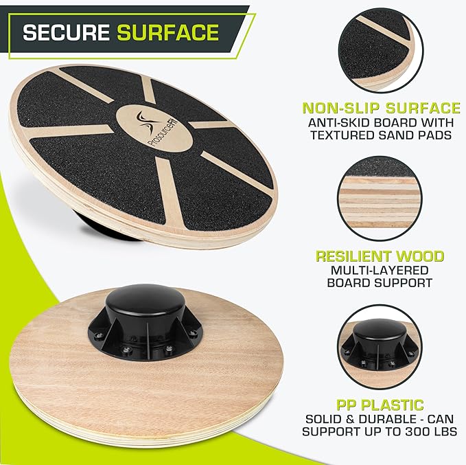 ProsourceFit Wooden Balance Board Non-Slip Wobble Core Trainer 15.75in (39.5cm) Diameter with 360