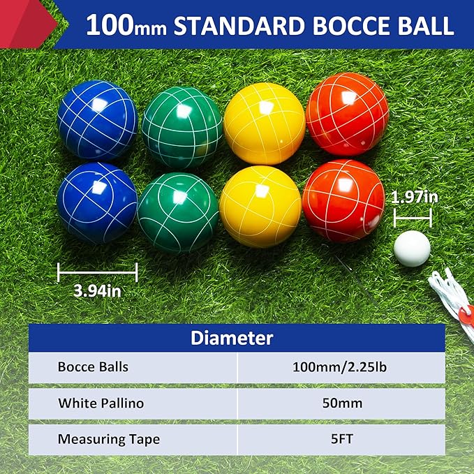 ropoda 100mm Bocce Ball Set Regulation Size and Weight with 8 Resin Bocce Balls, 50 mm Pallino