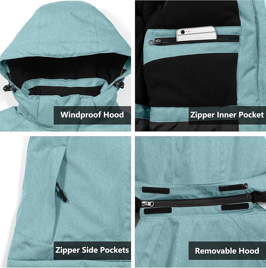 Little Donkey Andy Women's Waterproof Hiking Skiing Jacket with Removable Hood, Fleece Lined Winter