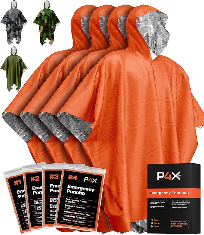 PREPARED4X Emergency Poncho and Mylar Blanket Liner - Waterproof, Wind-Resistant Outdoor Rain