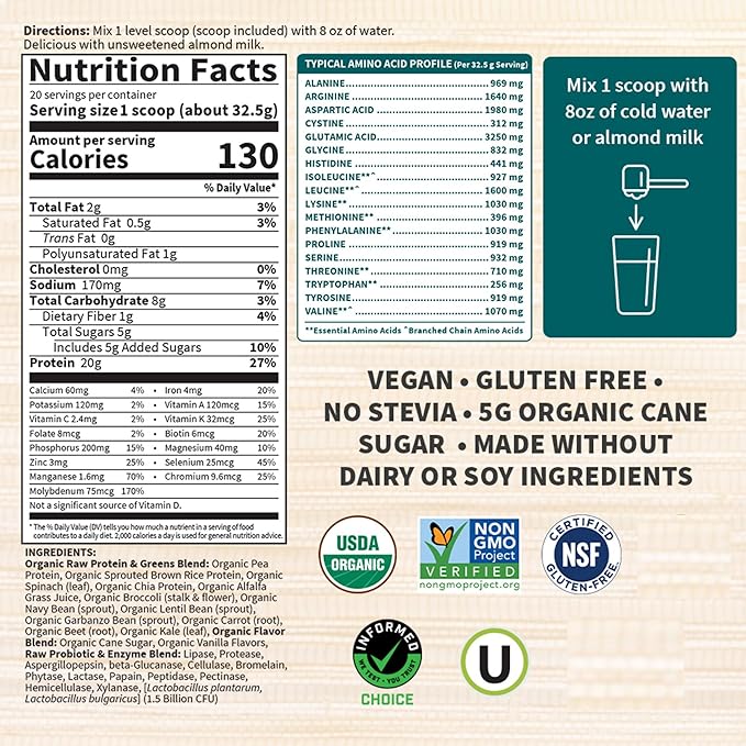 Garden of Life Raw Organic Protein & Greens Lightly Sweet, Vegan Protein Powder for Women and Men