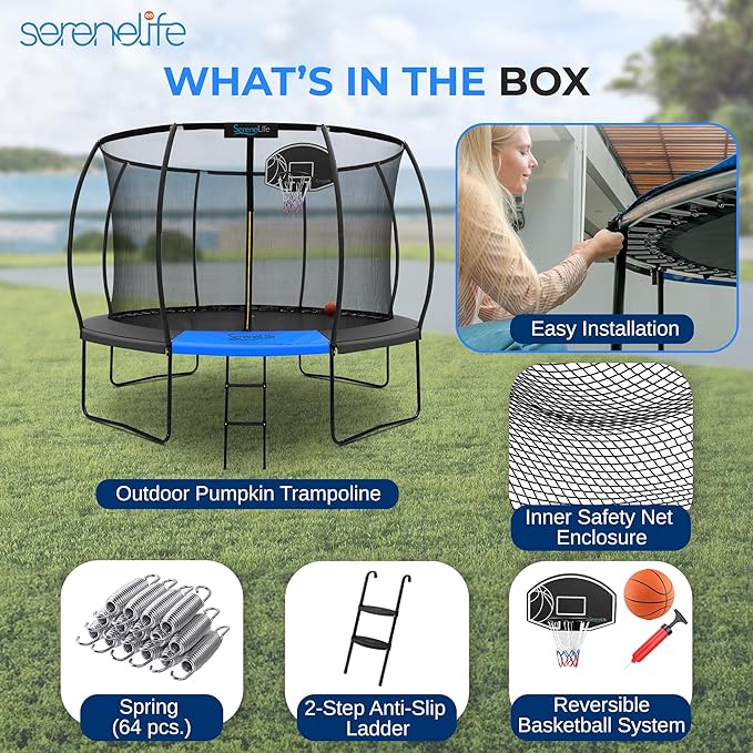 Serenelife 12FT 10FT 8FT Recreational Trampolines with Enclosure Net and Ladder and Anti-Rust