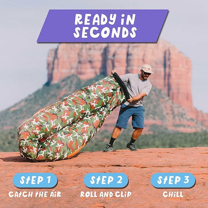 Chillbo Shwaggins Inflatable Couch – No-Pump Setup, Ripstop Polyester, Stability Pegs, Fun Prints