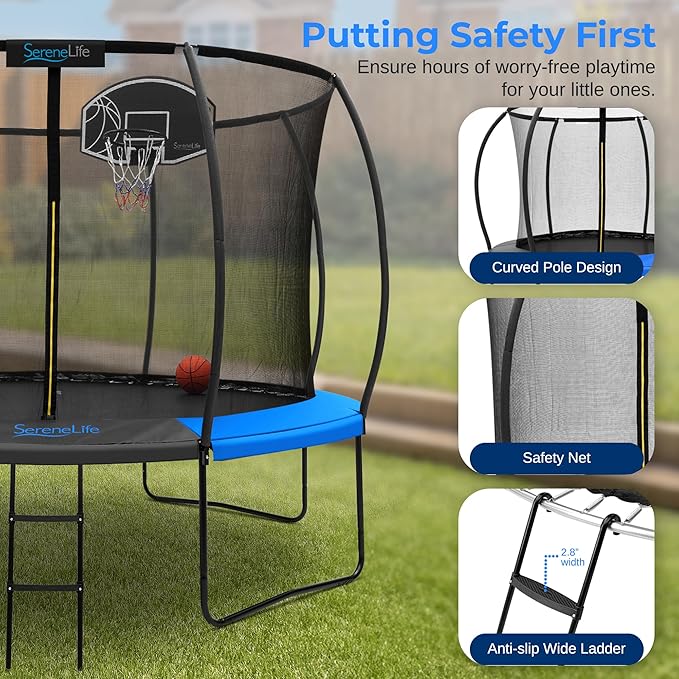 SereneLife 8FT 10FT 12FT 14FT Outdoor Trampoline for Kids - Recreational Backyard Trampoline with