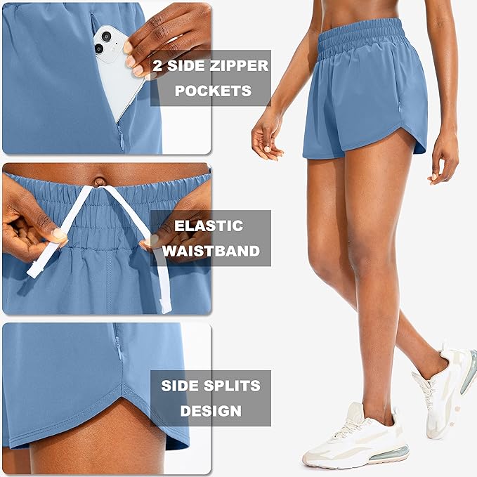 SANTINY Women's Running Shorts with Zip Pockets High Waisted Athletic Workout Gym Shorts for Women