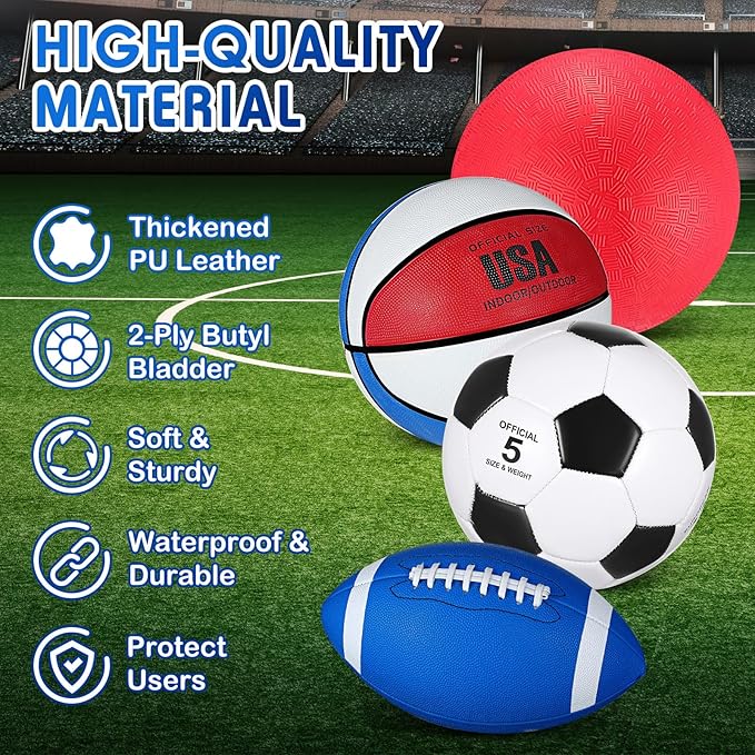 Lenwen 4 Pcs Sports Balls Set, Include Official Size Basketball Soccer Football Playground Ball