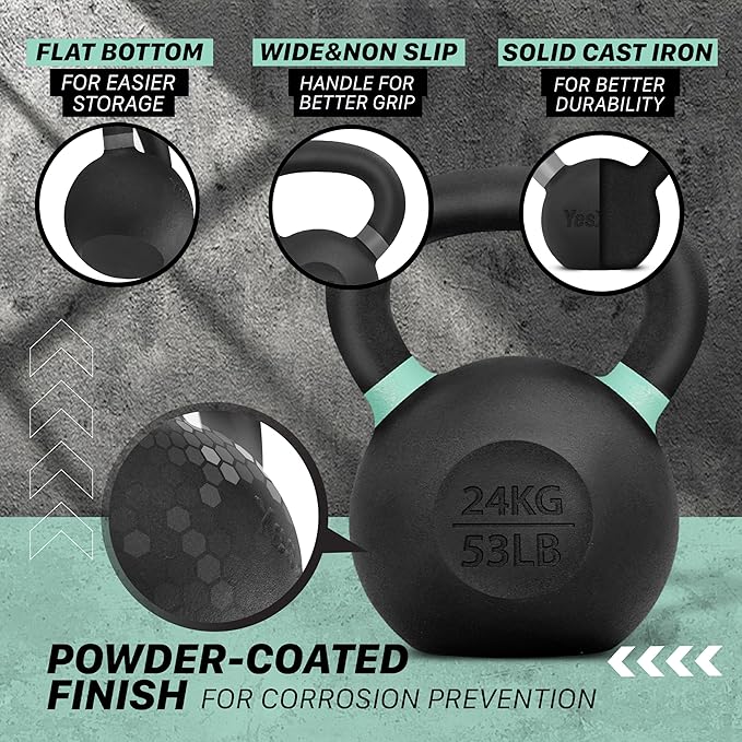 Yes4All Kettlebell, Heavy Duty Powder Coated Cast Iron Kettlebells, Non-Slip Handle & Flat Bottom