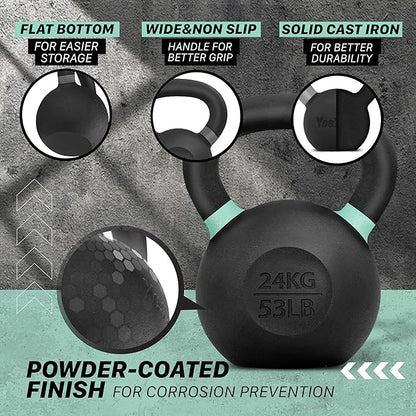 Yes4All Kettlebell, Heavy Duty Powder Coated Cast Iron Kettlebells, Non-Slip Handle & Flat Bottom