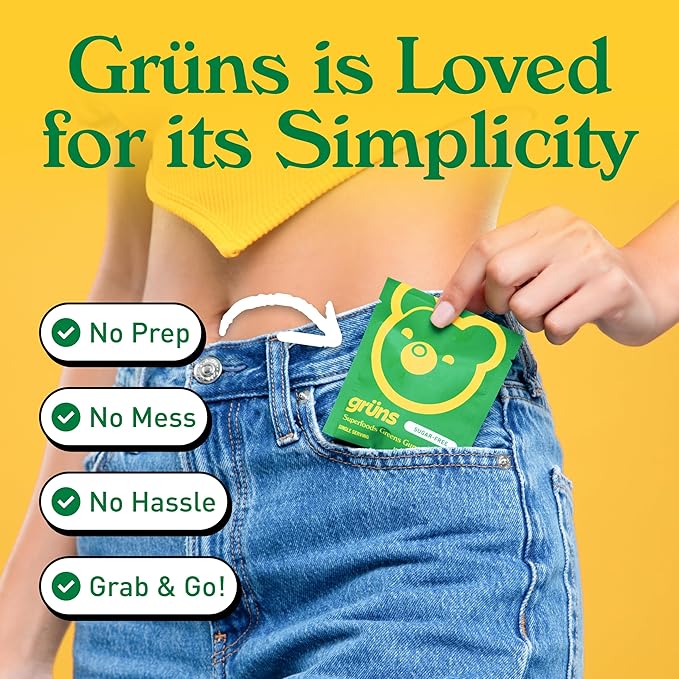 Gruns Adults Super Greens Gummies, Multivitamin Superfood Gummy Bears with Spirulina, Chlorella