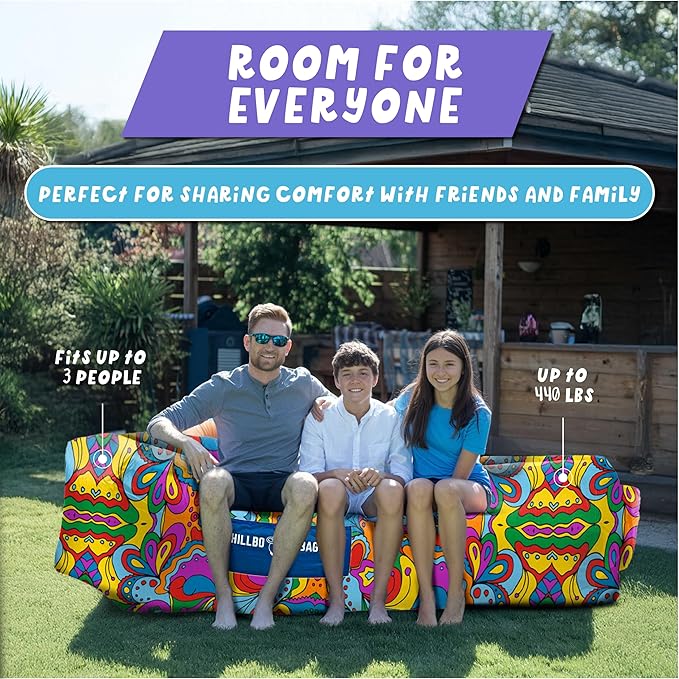 Chillbo Shwaggins Inflatable Couch – No-Pump Setup, Ripstop Polyester, Stability Pegs, Fun Prints