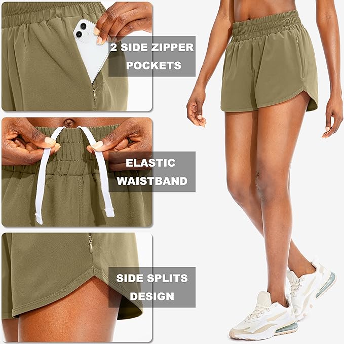 SANTINY Women's Running Shorts with Zip Pockets High Waisted Athletic Workout Gym Shorts for Women