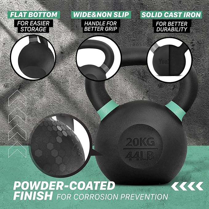 Yes4All Kettlebell, Heavy Duty Powder Coated Cast Iron Kettlebells, Non-Slip Handle & Flat Bottom