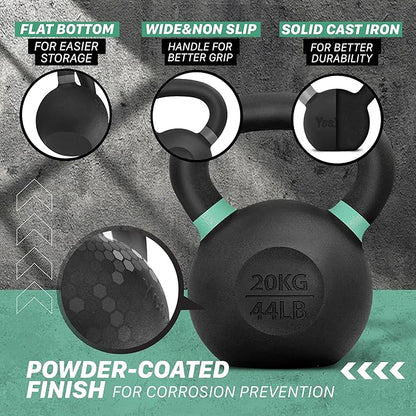 Yes4All Kettlebell, Heavy Duty Powder Coated Cast Iron Kettlebells, Non-Slip Handle & Flat Bottom