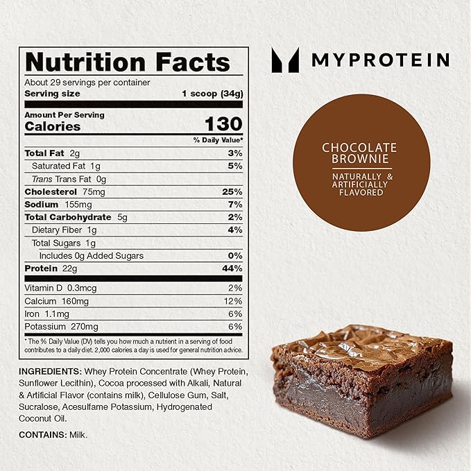Myprotein Impact Whey Protein Powder, 2.2 Lbs (32 Servings) Chocolate Brownie, 22g Protein & 5g