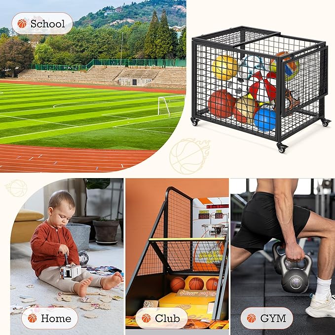 AECOJOY Ball Cart Storage, Rolling Basketball Bin with Wheels for Garage, School, Gym, Sports