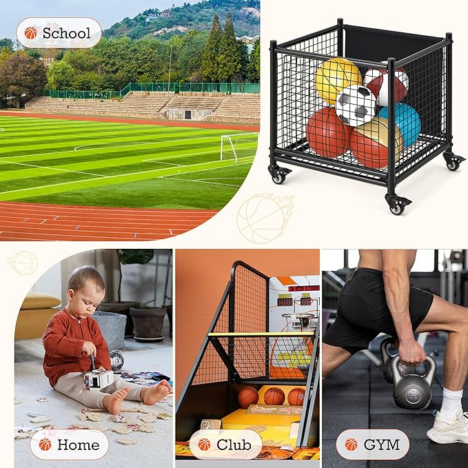AECOJOY Ball Cart Storage, Rolling Basketball Bin with Wheels for Garage, School, Gym, Sports