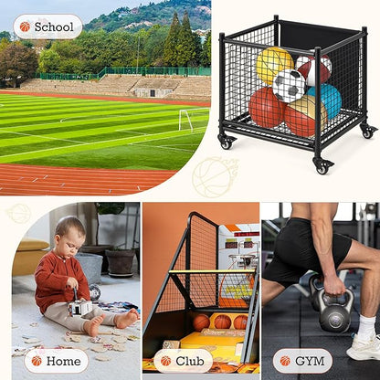 AECOJOY Ball Cart Storage, Rolling Basketball Bin with Wheels for Garage, School, Gym, Sports