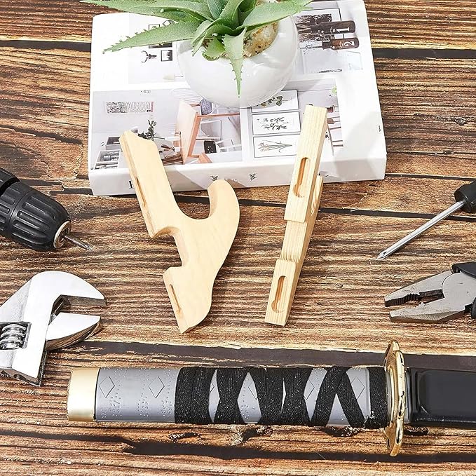 Chunful 2 Pcs Sword Wall Mount Sword Holder Katana Stand 1 Tier Hanger Adjustable Wooden Mounts for
